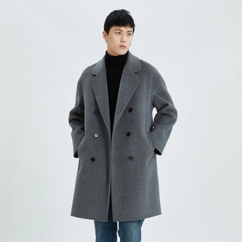 

Autumn And Winter Reversible Cashmere Coat Men's Loose Shoulder Double Breasted Woolen Coat Off-season Mid-length Trench Coat