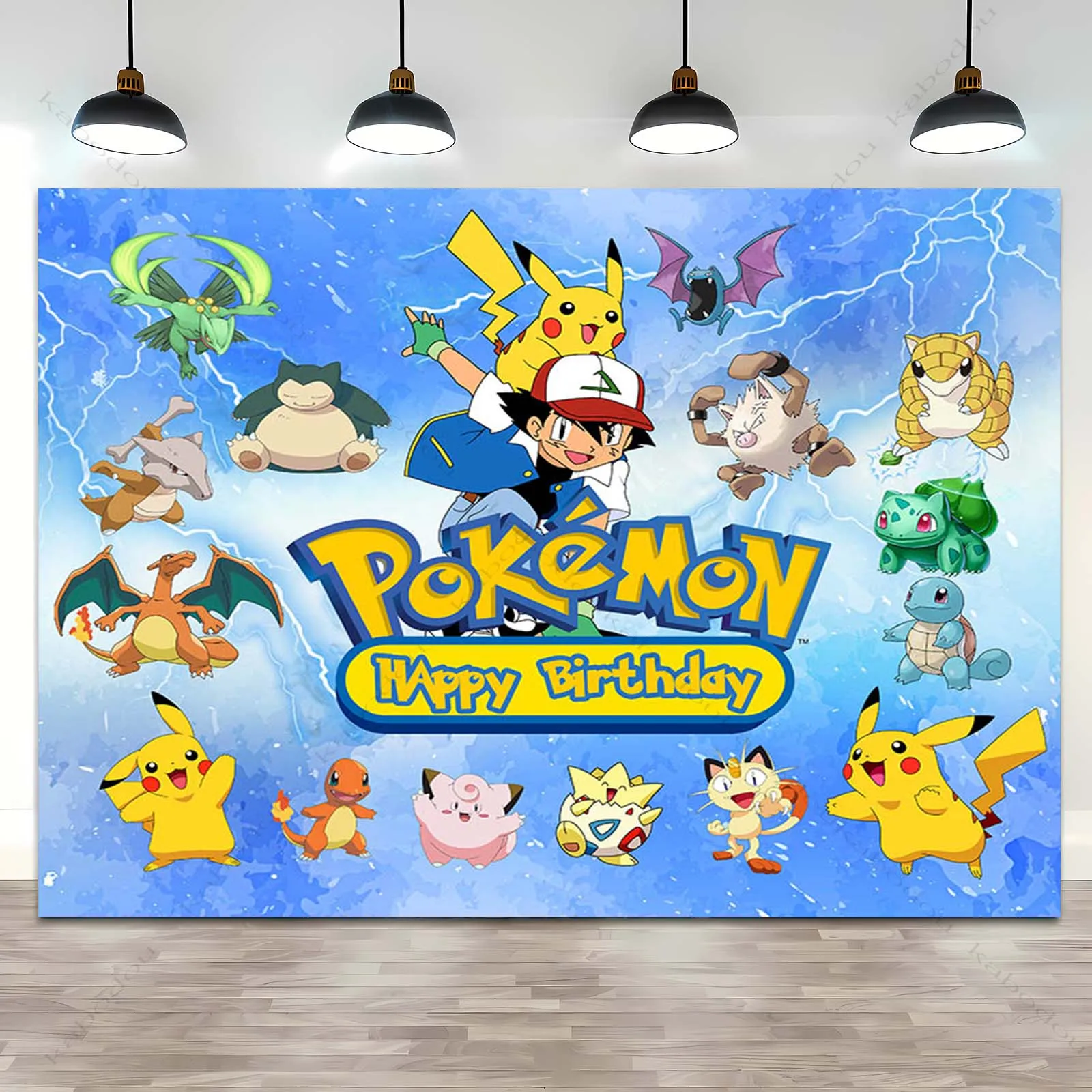 

Backdrop Pokemon Theme Decoration Anime Kids Birthday Party Pikachu Blue Background Meowth Baby Shower Photo Studio Banner Decor