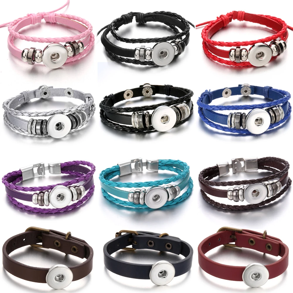 New Snap Buttons Jewelry Handmade Braided Leather Snap Bracelet Bangles Fit 18mm Snap Button DIY Ginger Charm Bracelet