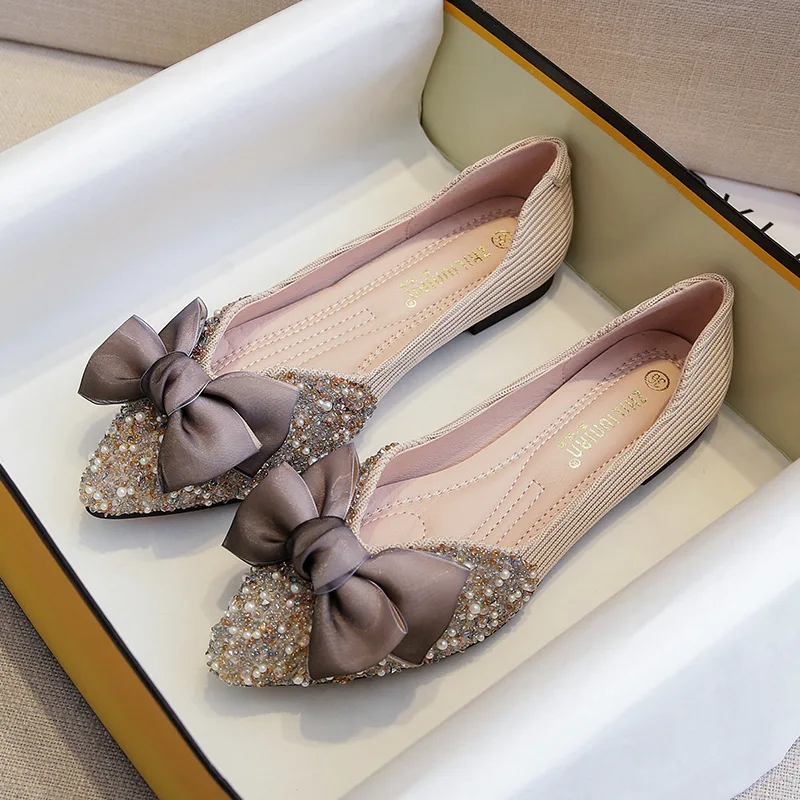Lolita Shoes Clear Beading Bowknot Women Flats Luxury Pointed Ballerina Shoes Soft Bottom Espadrilles Female Bow Moccasins