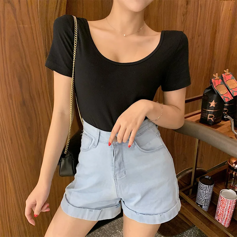 

2023 New Women's Short Top Double U-neck Black T-shirt Women's Short Sleeve Korean Tight Solid T-shirt