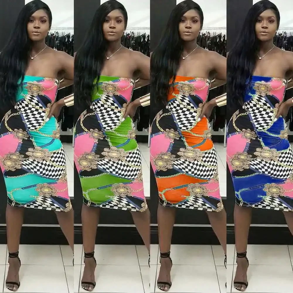 Сексуальный принт без бретелек летние платья средней длины женская одежда оптом
