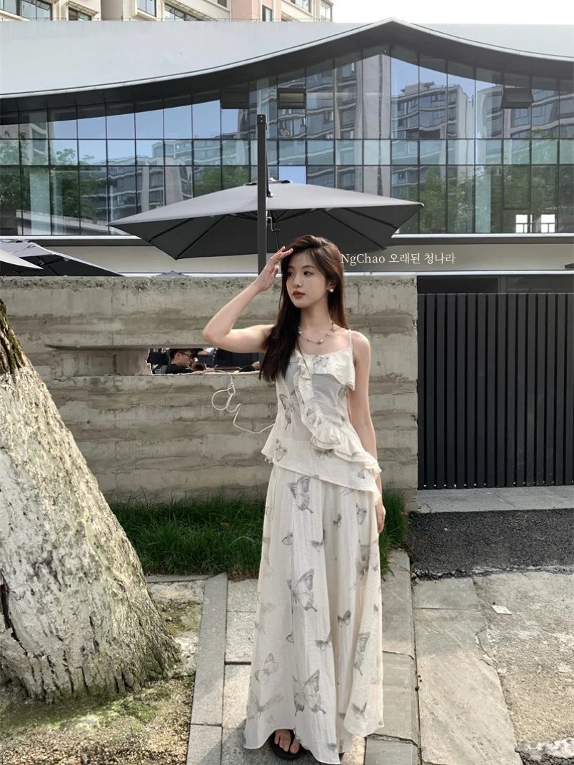 New Chinese Ink Painting Print Ruffle Sleeveless Vest Women's Summer 2025 Arrival Elegant Pantskirt Two-piece Set |