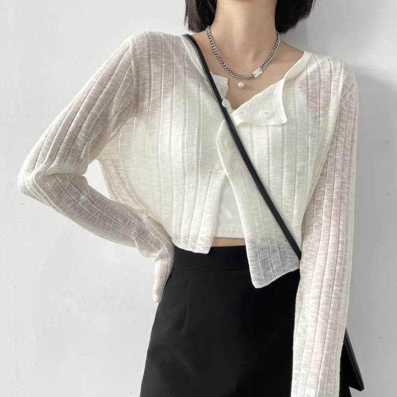

Korean Blouse Female Irregular Design Bamboo Thin Knitted Cardigan Long Sleeve