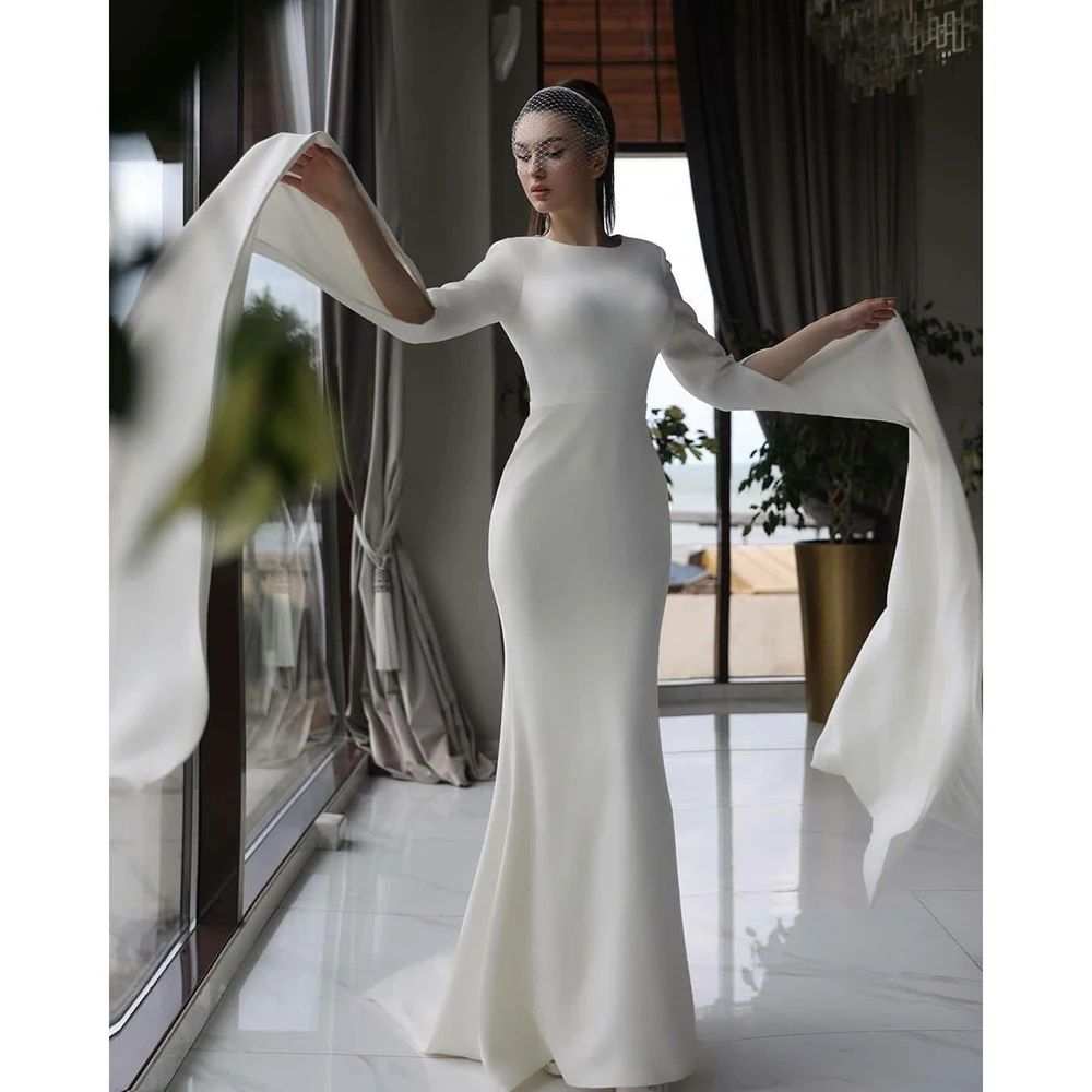 

UETEEY Elegant Mermaid Wedding Dress Satin Scoop Neck Long Sleeves Bride Gowns Sweep Train Buttons Back Vestido De Novia 2022