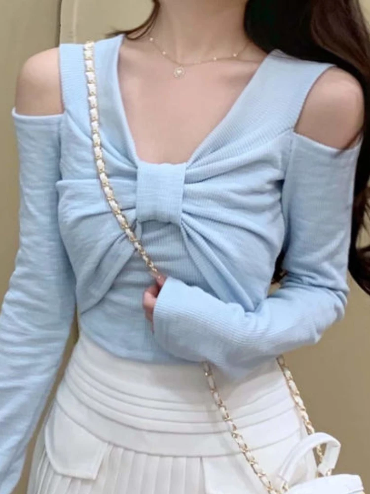 

Элегантная Милая женская блузка на весну 2022 Повседневная пикантная вечерние ничная блузка с открытыми плечами женский синий Дизайнерский ...