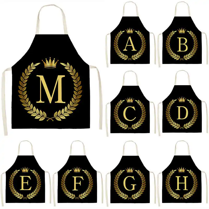

Black Golden Crown Letter Alphabet Print Kitchen Apron for Woman Man Cotton Linen Aprons for Cooking Home Cleaning Tools Tablier