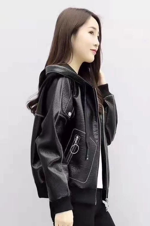 Winter Autumn  PU Leather Short Hooded Leather Jacket Women's Short Hooded Plush Locomotive Loose Casual Fashion Black Coat