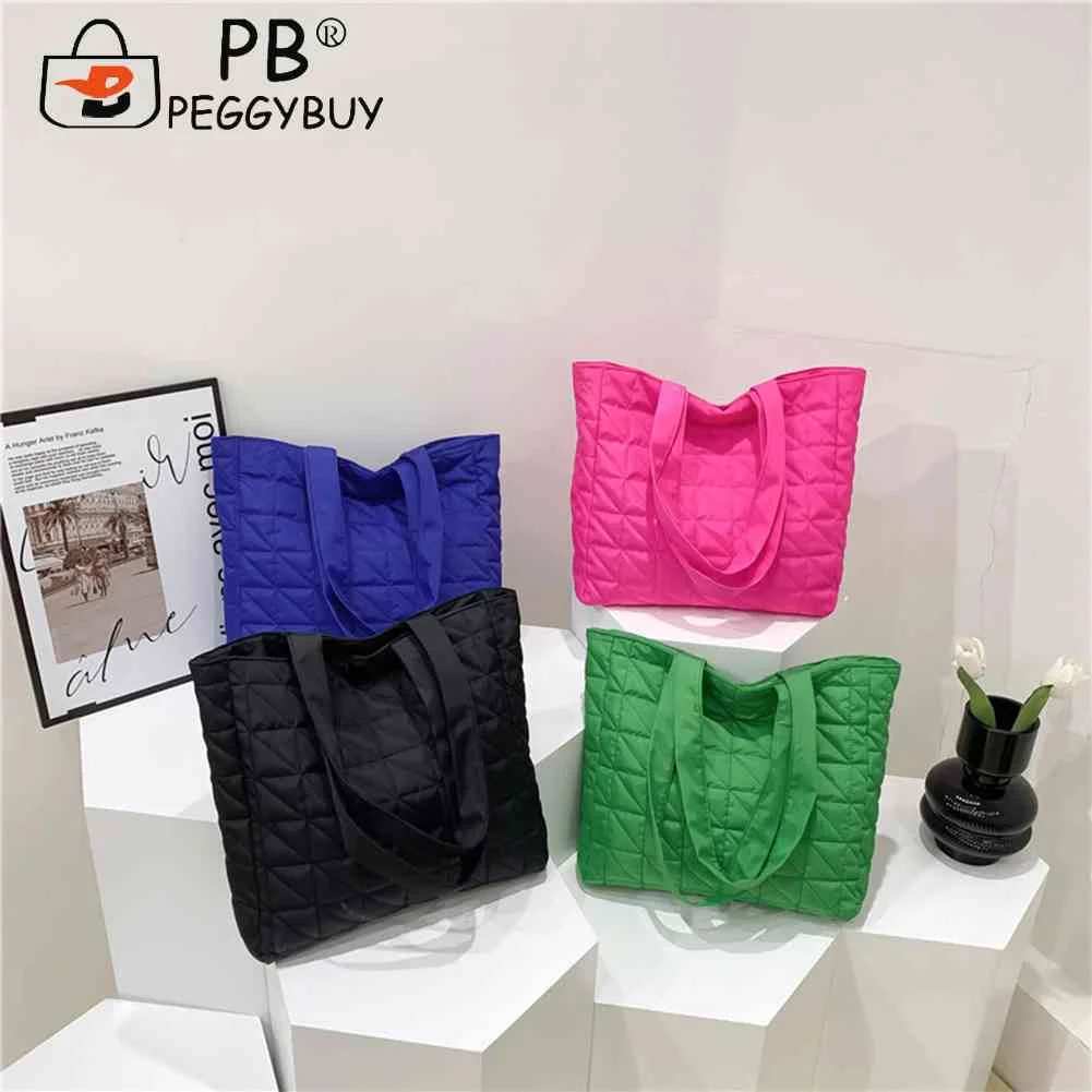 

Casual Ladies Tote Handbags Quilted Cotton Padded Shopper Bag Rhombus Pattern Large Capacity Solid for Travel Work Female Purse