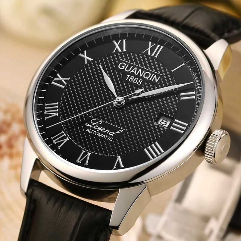 

GUANQIN Automatic Watch Men Mechanical Wristwatches Luxury Wrist Watches Flywheel Movement Black Day Display Leather Metal Band