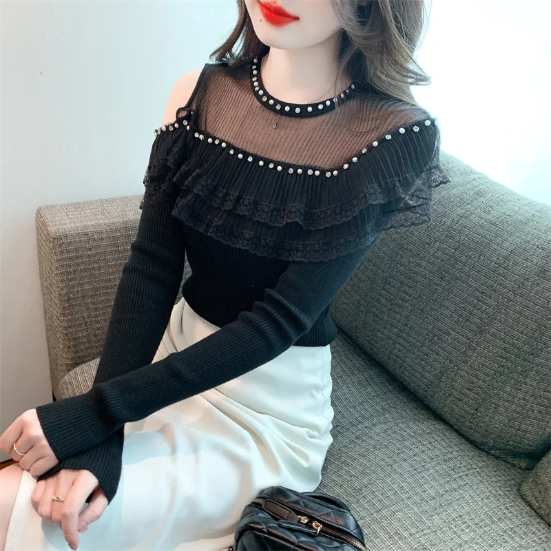 

Black Women's Sweater Pearl Beading O-Neck Pullover Sexy Perspective Mesh Splice Knitted Bottoming Shirt Off Shoulder Ruffle Top
