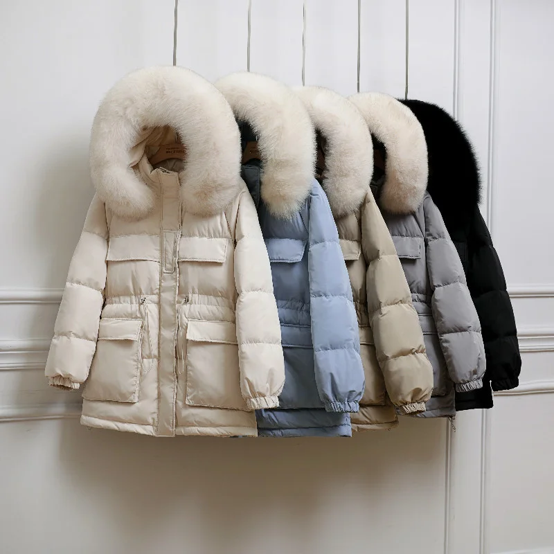 

Winter White Duck Down Coats Women Puffer Jackets 2023 Fashion Real Fox Fur Collar Short Hooded Female Adjustable Waist Outwear