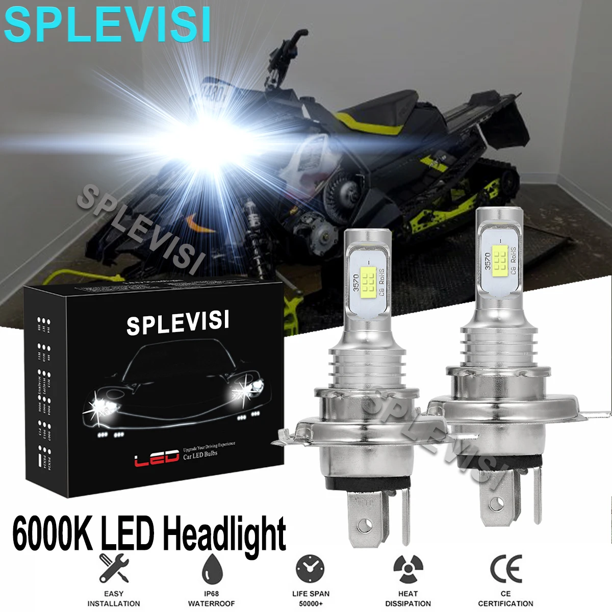 2x70W 6000K Pure White LED Headlights For Polaris SwitchBack 600 2004-2011 SwitchBack 800 2009-2014 SwitchBack 900 2005 2006