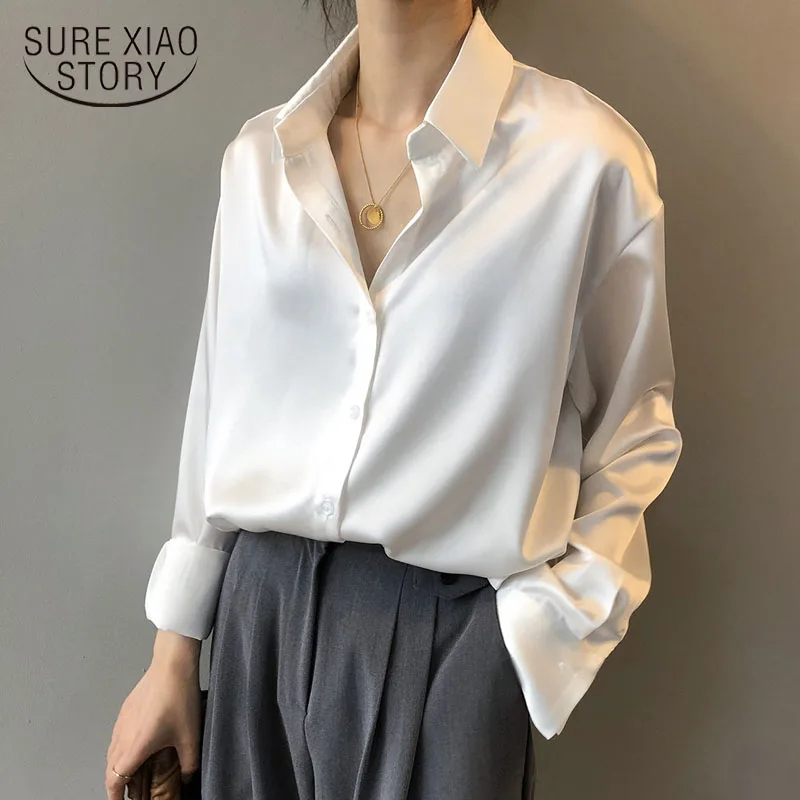 Autumn Fashion Button Up Satin Silk Shirt Spring Vintage Blouse Women White Lady Long Sleeves Female Loose Street Shirts
