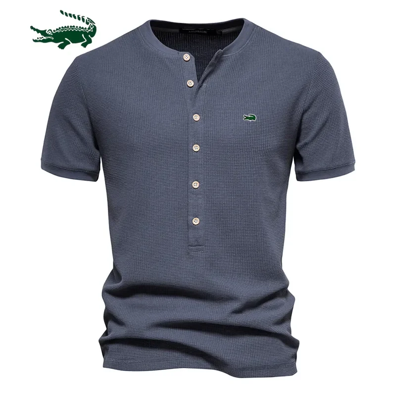 

Cotton Waffle Henley T-Shirt for Men Solid Color Embroidery Casual Short Sleeve Men's T-shirt New Summer Designer Tops Tee Male