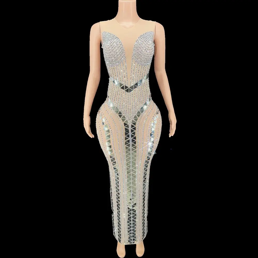 

Сексуальное Сетчатое прозрачное Сверкающее длинное платье стразы без рукавов для празднования выпускного вечера дня рождения платье для женщин певец одежда для шоу