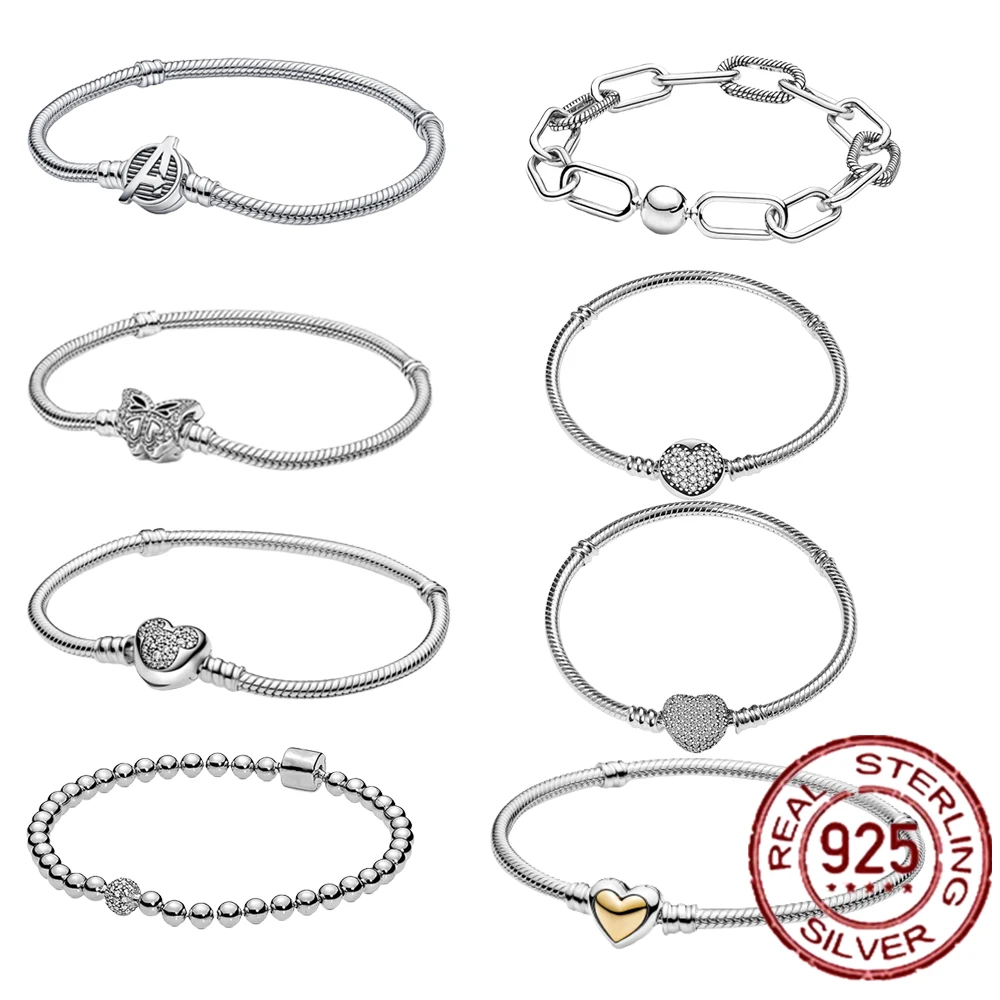 Charms 925 Sterling Solid Silver Bracelet Heart T-Bar Cuff Chain Sparkling Blue Disc Clasp Snake Women Jewelry |