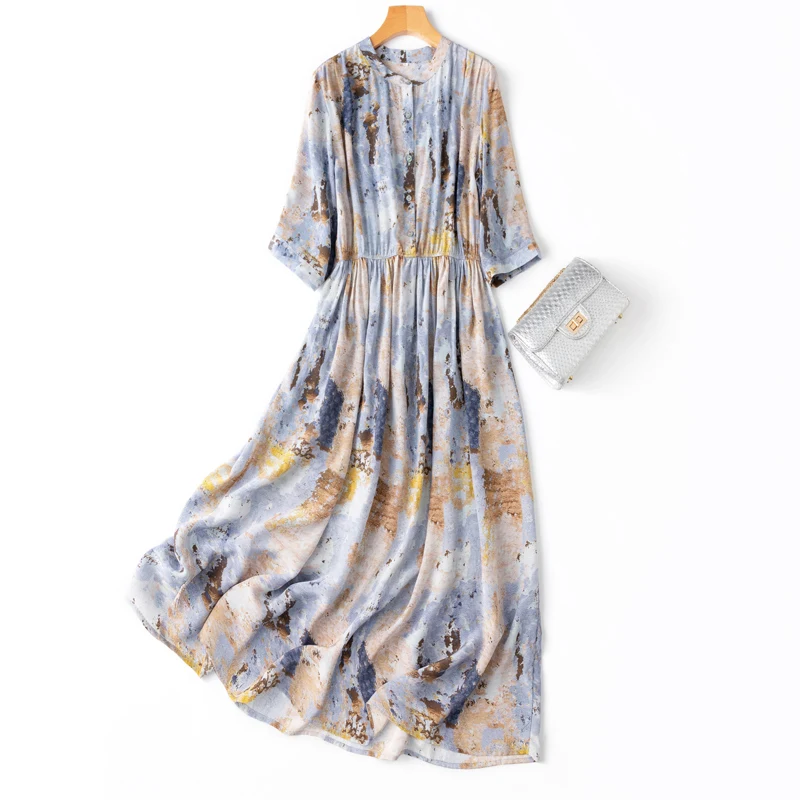 

Natural Silk Print Beach Style Dress Summer 2022 Print O-Neck A-LINE Mid-Calf Three Quarter Sleeve Natural Factors
