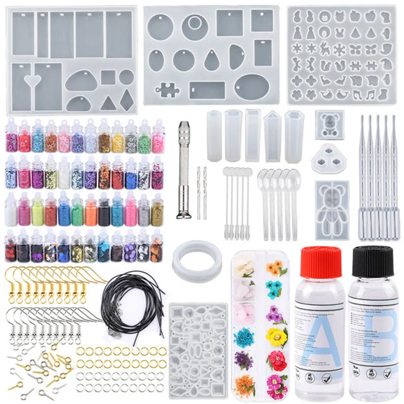 Epoxy Resin Kit for Beginners Silicone Resin Mold Set with DIY Supplies Tools, Glitter Sequins, Foil Flakes for Jewelry Making