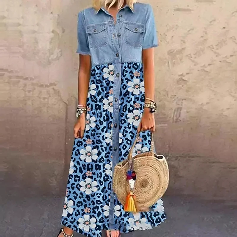 

Women Short Sleeve Button Pocket Denim Style Dress Shirt Maxi Dress Summer Retro Leopard Patchwork Turn-down Collar Party Dress