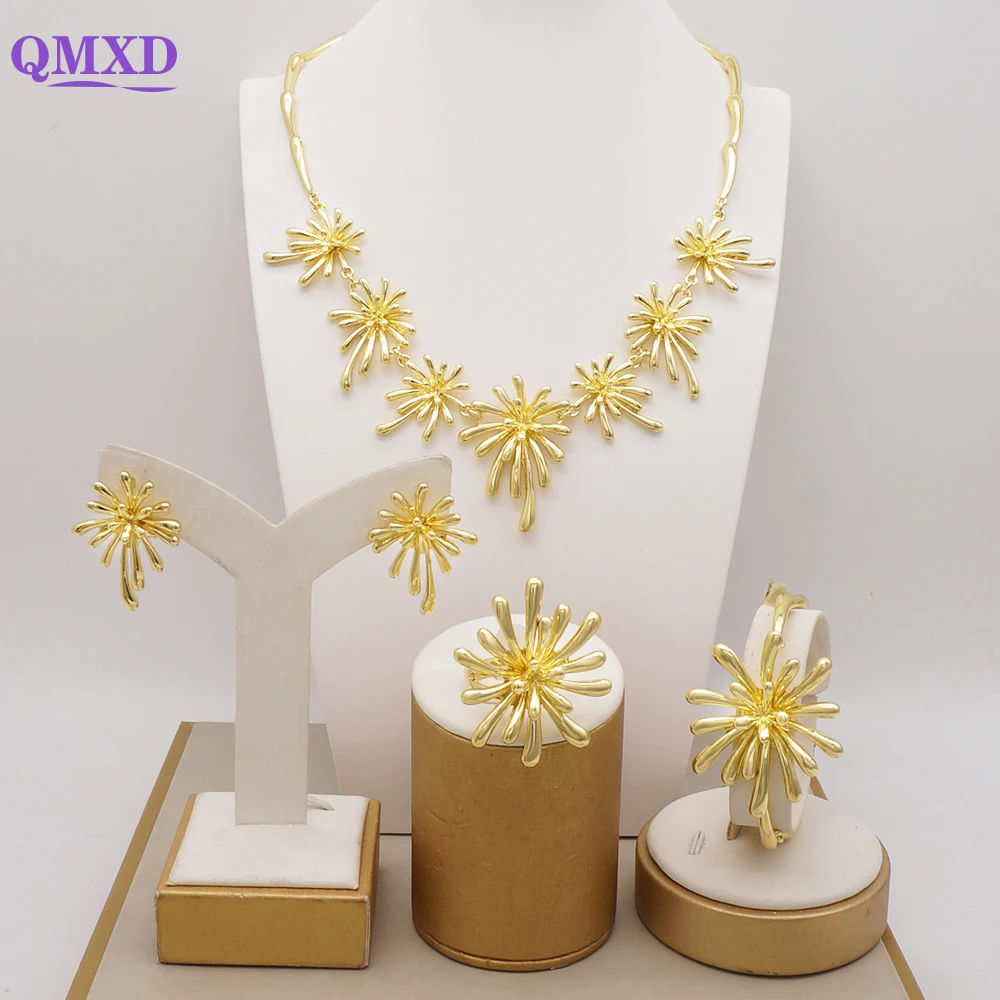 Luxury Jewelry Dubai Gold Color Jewelry Sets For Women Brazilian Gold Color Long Necklace Earrings Gorgeous Gift Party