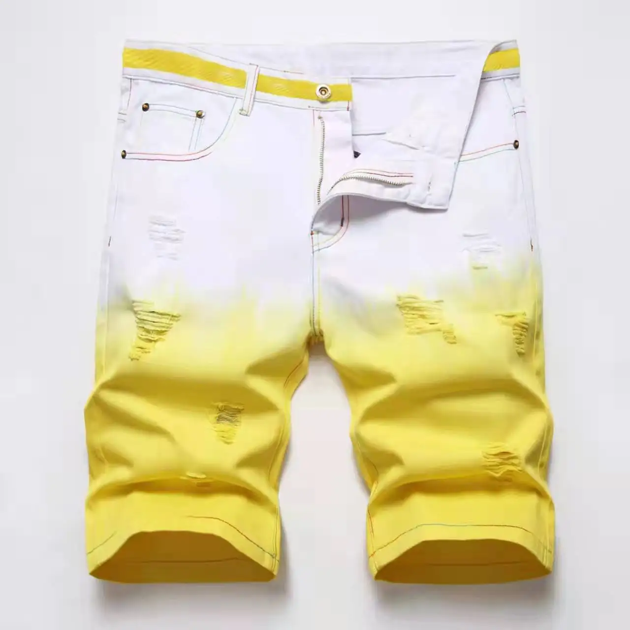 Men Summer Denim Shorts Y2K White Yellow Green Gradient Color Breeches Fashion Holes Ripped Slim Straight Jeans Short Homme