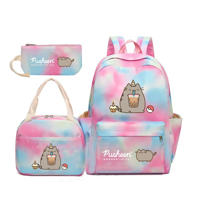 Фото Новая модель рюкзака Pusheen The Cat с градиентной радужной расцветкой для девочек, школьный рюкзак из трех частей для учеников начальной и средней школы. №1