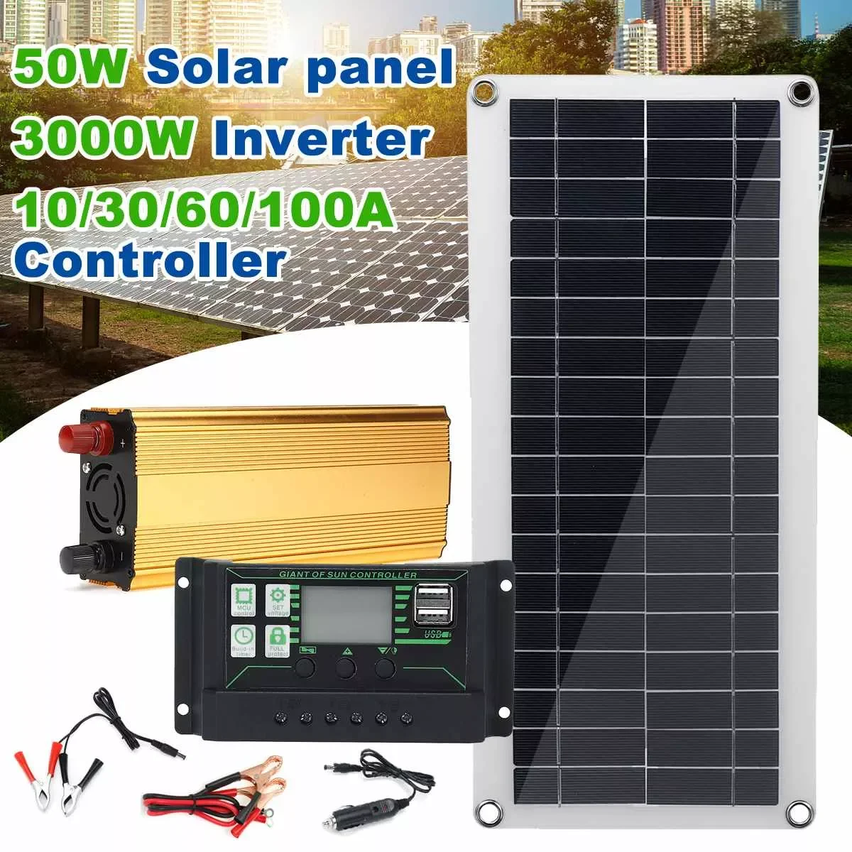 

Portable 3000W Inverter 50W Solar Panel Cell Set Outdoor Solar Power Supplier Solar Panel USB Solar Inverter 100A Controller