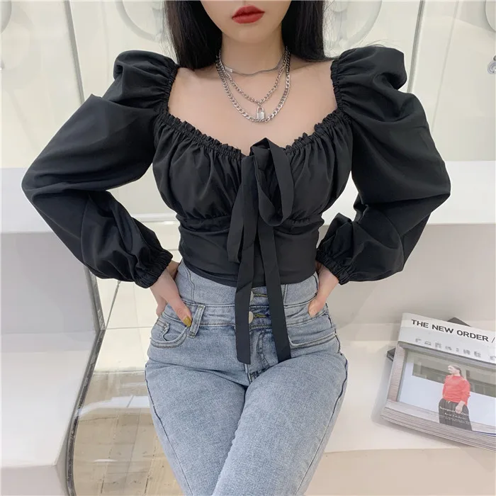 Французская винтажная Женская приталенная блузка на шнуровке с квадратным