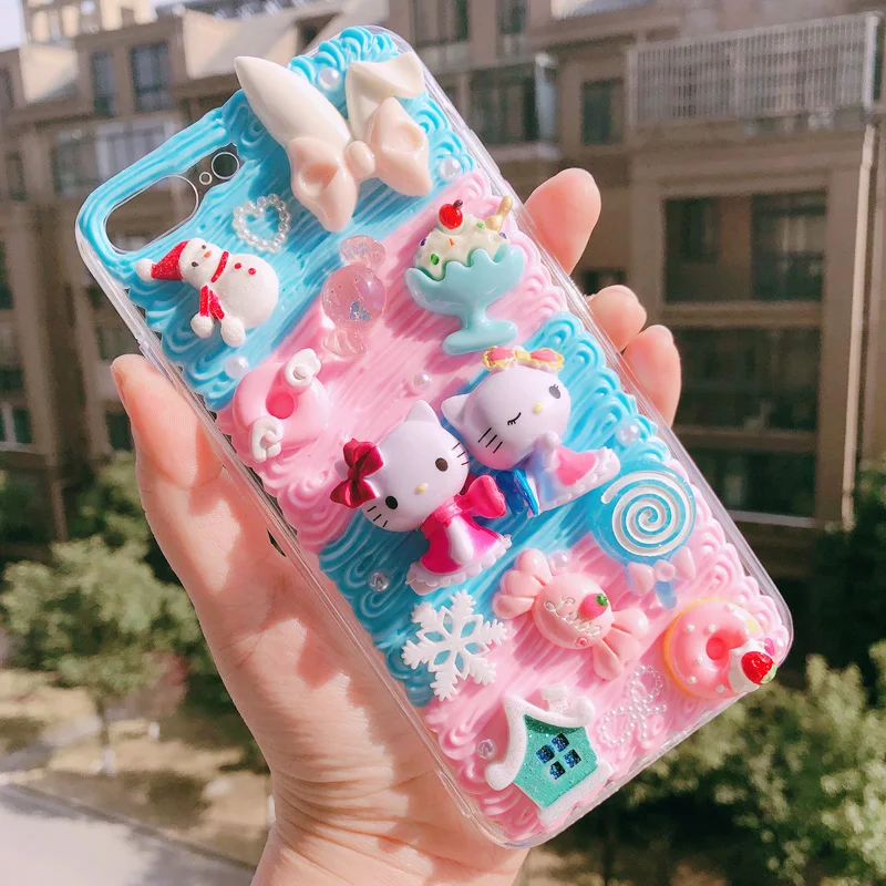 

For iphone 13/12/11 pro max /XS Max DIY case Bow Cat phone cover for iphone 8/7/6s plus XR handmade cream candy case girl gift