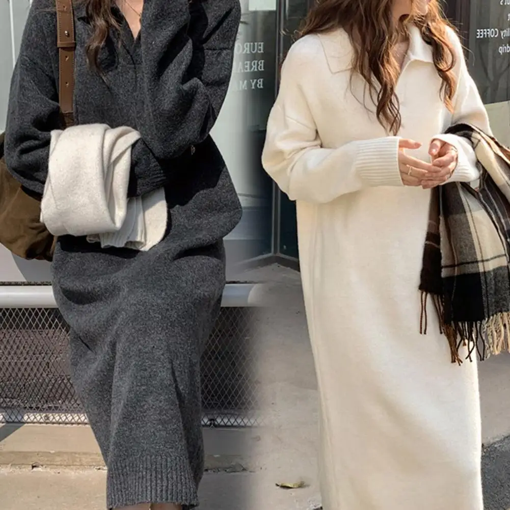 

Платье-свитер средней длины с отворотом и длинным рукавом