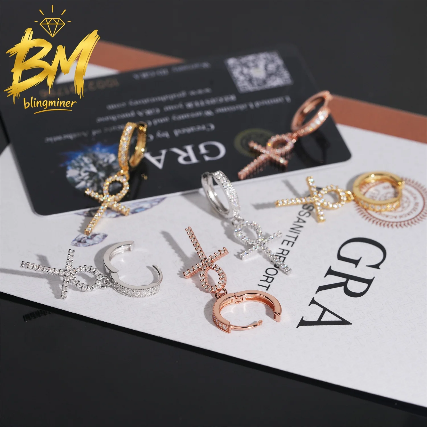 Серьги Blingminer Hip Hop Cross VVS Moissanite из серебра S925 пробы для мужчин и женщин, ювелирные изделия, прошедшие проверку на алмазном тестере GRA (art.: 3920dbfed64e2) - 3920dbfed64e2