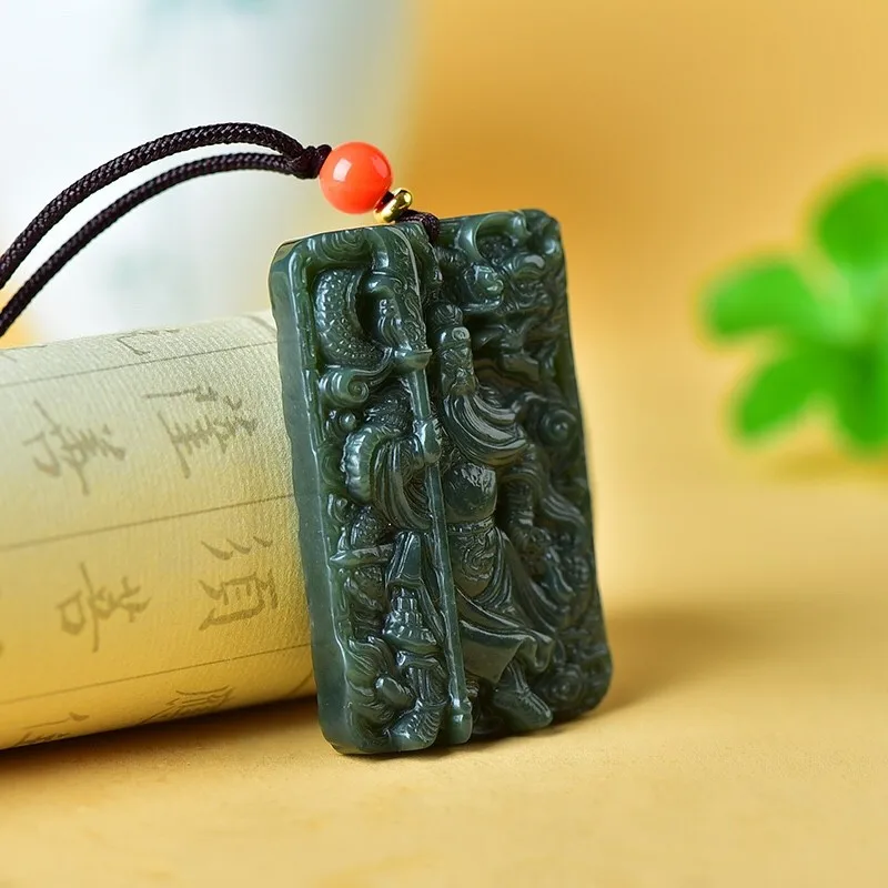 

Send Certificate Natural Green Hetian Jade Guan Gong Pendant Necklace Men Women Real Chinese Nephrite Jades Lucky Amulet Gifts