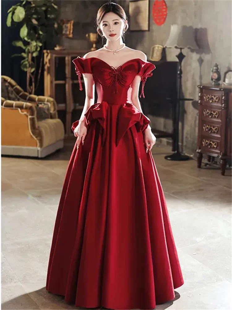 

Винно-красное однотонное женское платье без бретелек с V-образным вырезом и бисером, трапециевидная юбка, элегантное вечернее платье M346