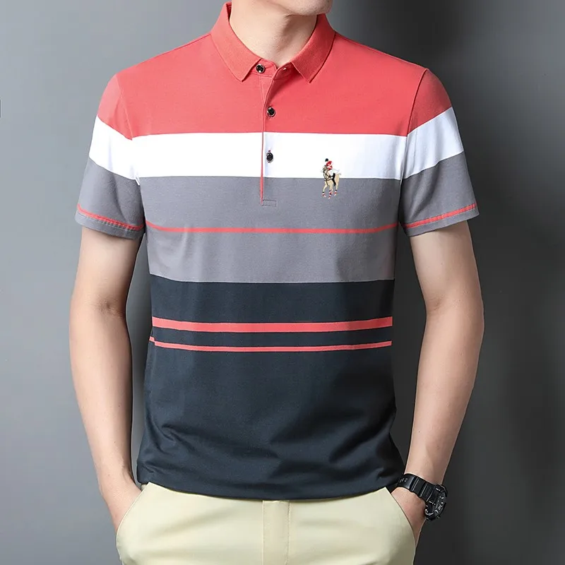 Embroidered logo Summer men's striped polo shirt New cotton short sleeved T-shirt Men's casual business top Golf