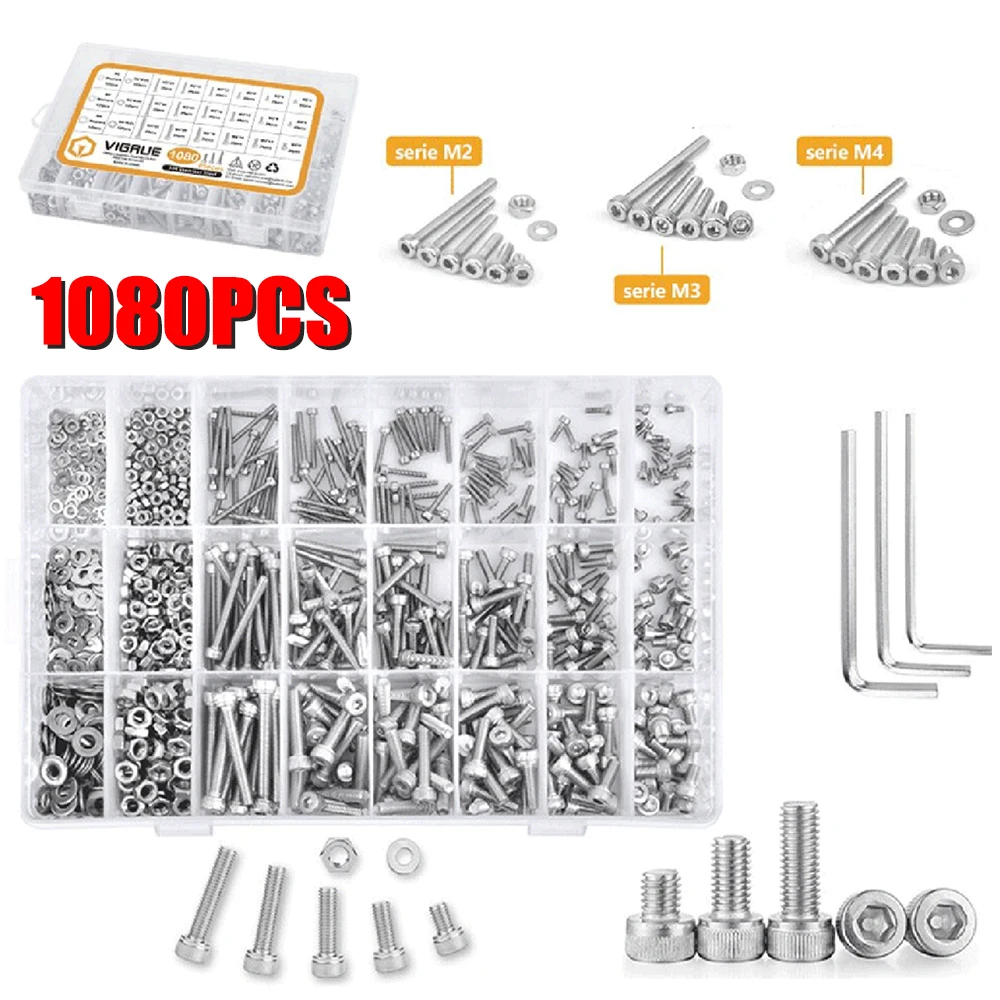 

1080pcs Hexagon Hex Socket Head Cap Screw Set M2 M3 M4 Stainless Steel Hexagon Cap Head Screw Kit Assortment Hardware Parts