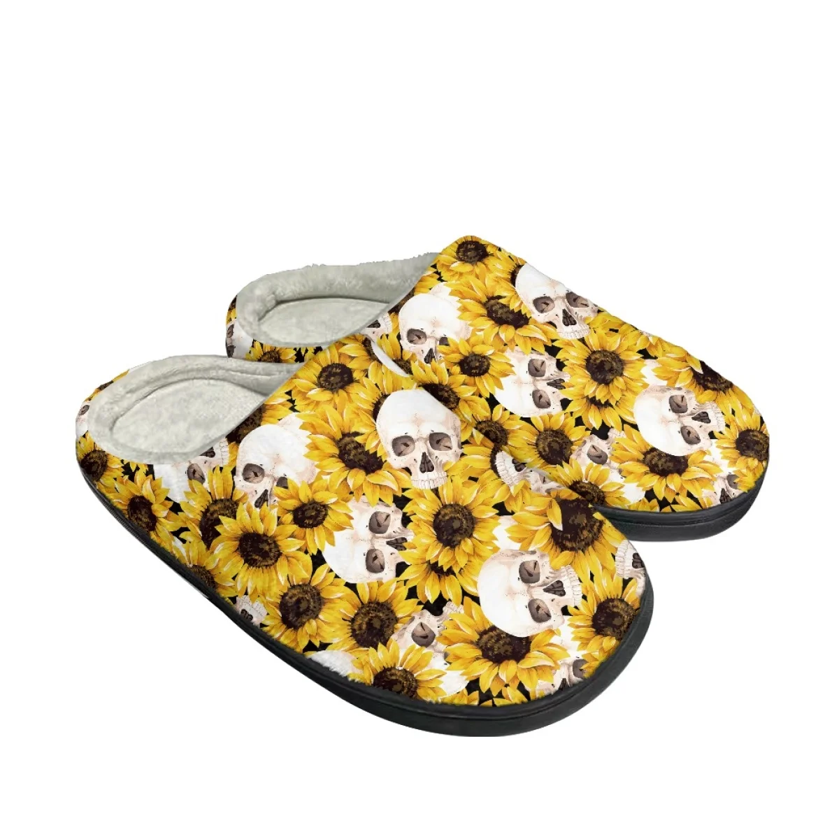 

Sunflowers With Multicolored Skulls Prints Winter Cotton Slippers For Teenager Girls Boys Shoes Lightweight Short Pile Warm Gift