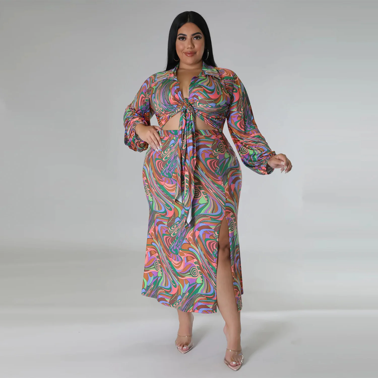 Plus Size Set Fashion Women's Printing Casual Lace Up Crop Top High Split Skirt Suit Ladies Large Street Matching Two-piece Set