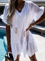 new 2022 summer plus size womens clothing v neck short sleeved european and american style hanging beard pleated loose dress