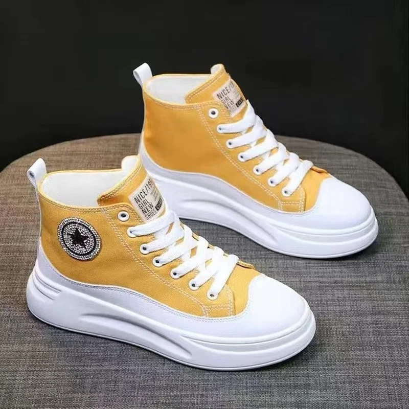 

Summer New Women's Canvas Shoes Thick Sole High Top Lace up Student Style Casual Sports Board Shoes Lightweight and Comfortable