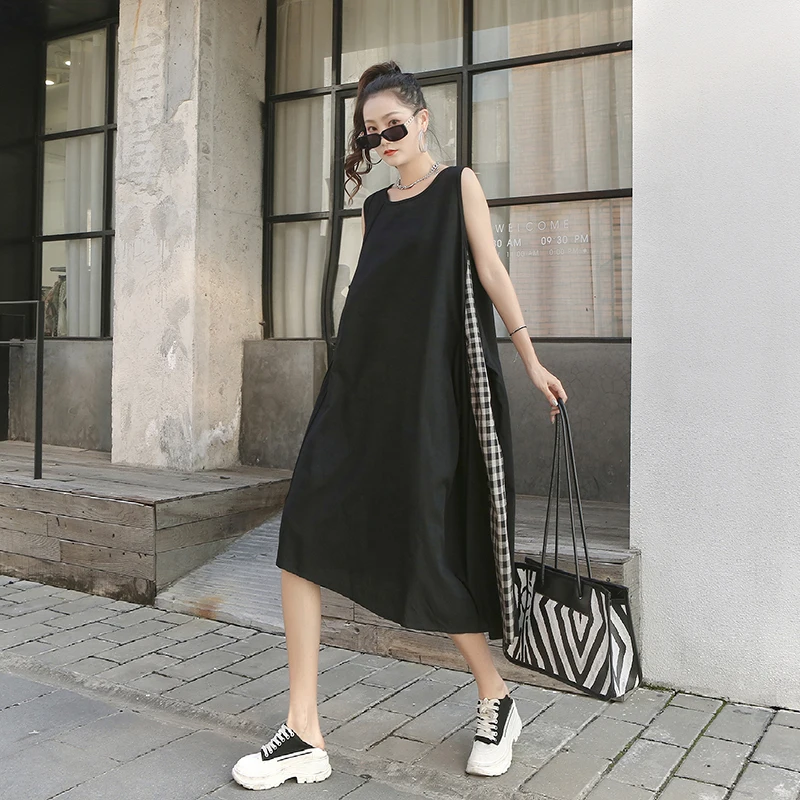 

220327 Casual Vintage Vest Dress Irregular Plaid Folds Patchwork Cotton Linen Sleeveless Dress Loose Fashion Casual New Women