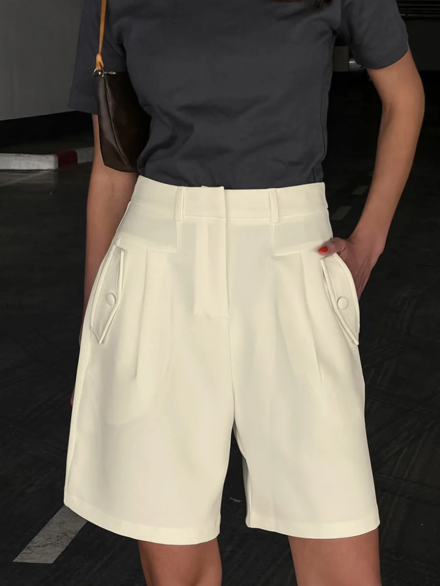 

Solid Pocket Office Lady Shorts 2023 Summer New Mid Waist Loose Casual Basic Knee Length Pant Women Simple Fashion Vintage Short