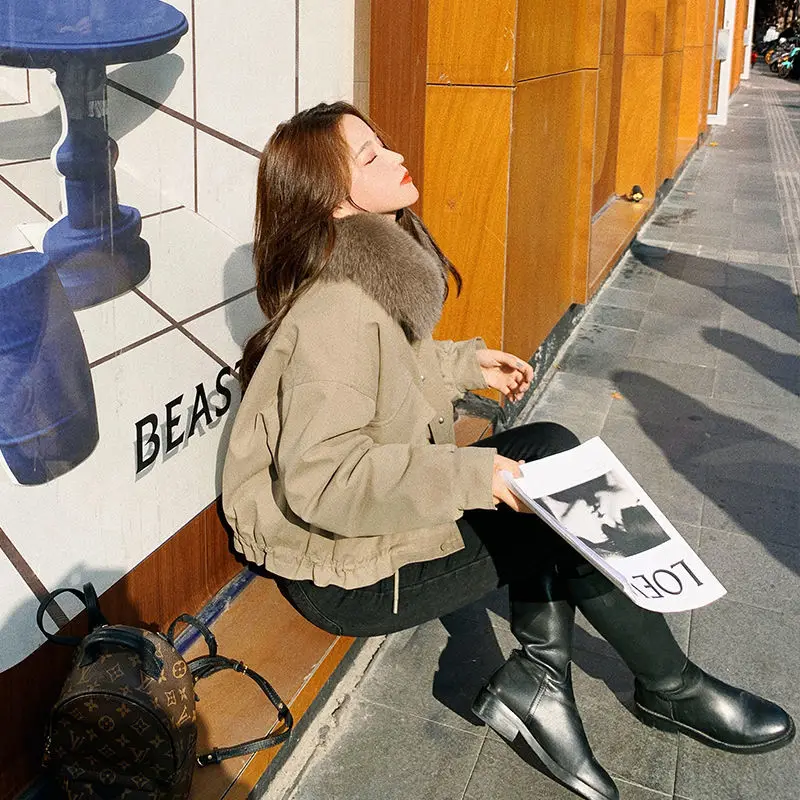 2023 Winter New Women Cropped Coat Female Warm Jacket Fashion Leisure Thick Loose Solid Casual Sweet All-Match Detachable Collar