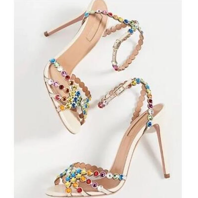 Colorful Crystal Ankle Buckle Open Toe Thin High Heel Sandals Women Dress Shoes Green Purple Summer Shoe