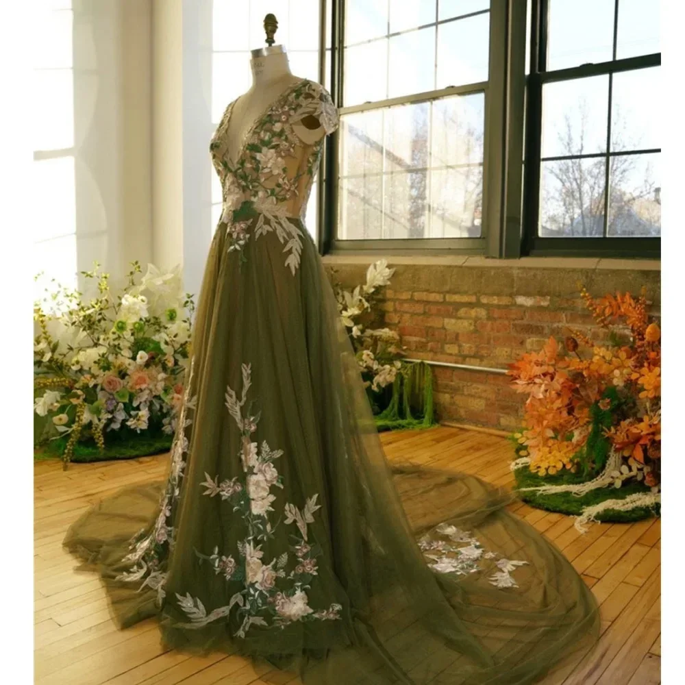 Изысканное платье для выпускного вечера 2024 зеленое 3D цветочное кружевное с