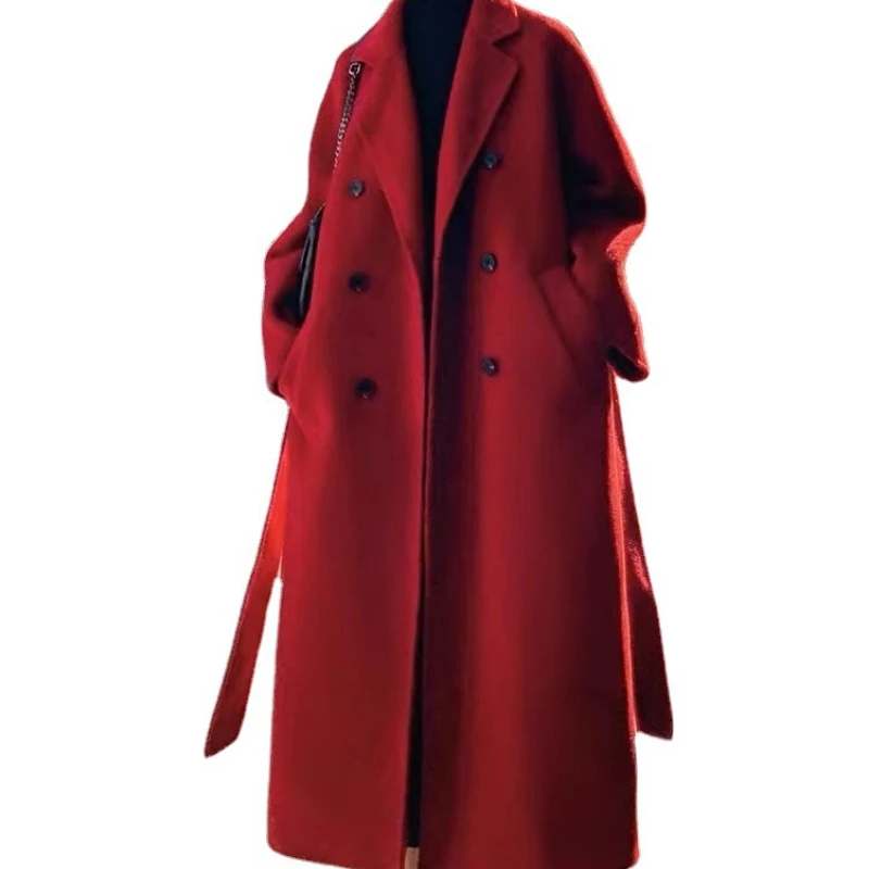 

Autumn Winter Christmas Red Black Loose Long Wool Coat Jacket Belt Woolen Overcoat Women Split Hem Cardigan Outerwear