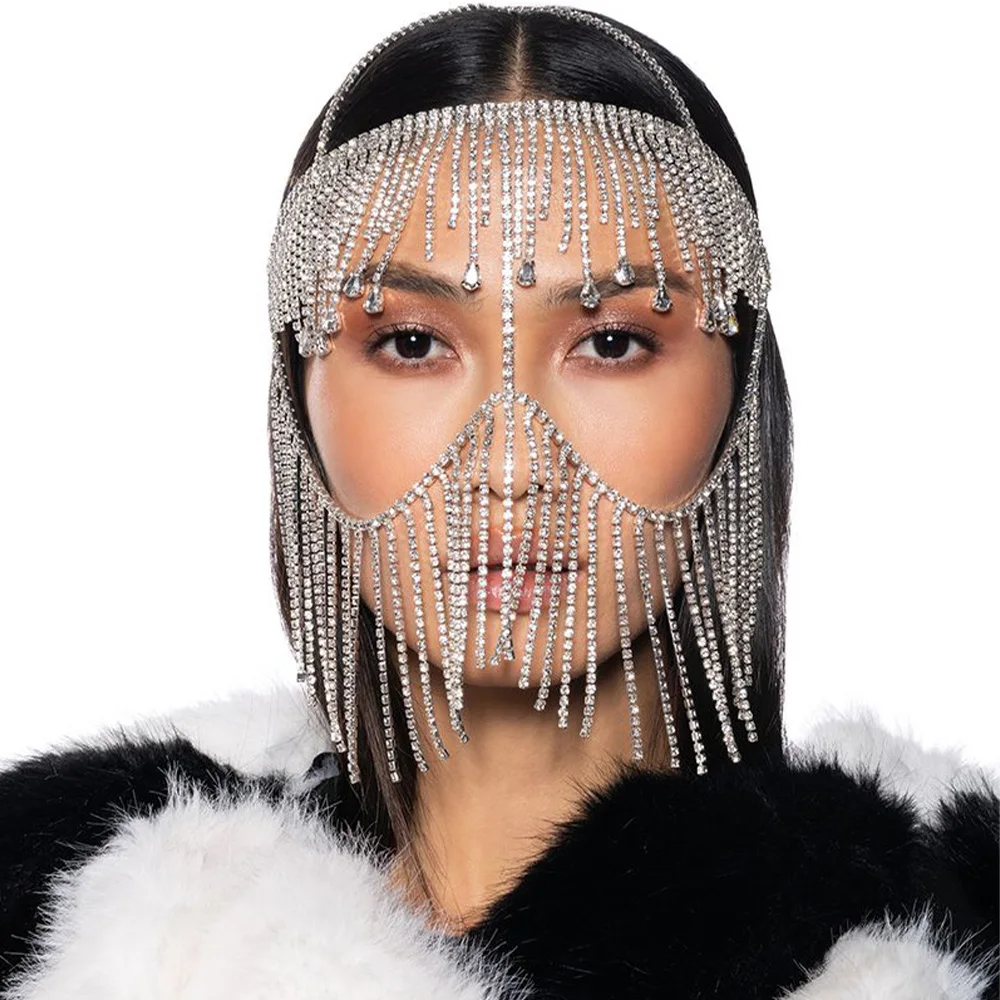 

XSBODY Handmade Rhinestones Tassel Mask Face Chain Masquerade Wholesale Headpiece Accessories Face Decoration Jewelry Crystal