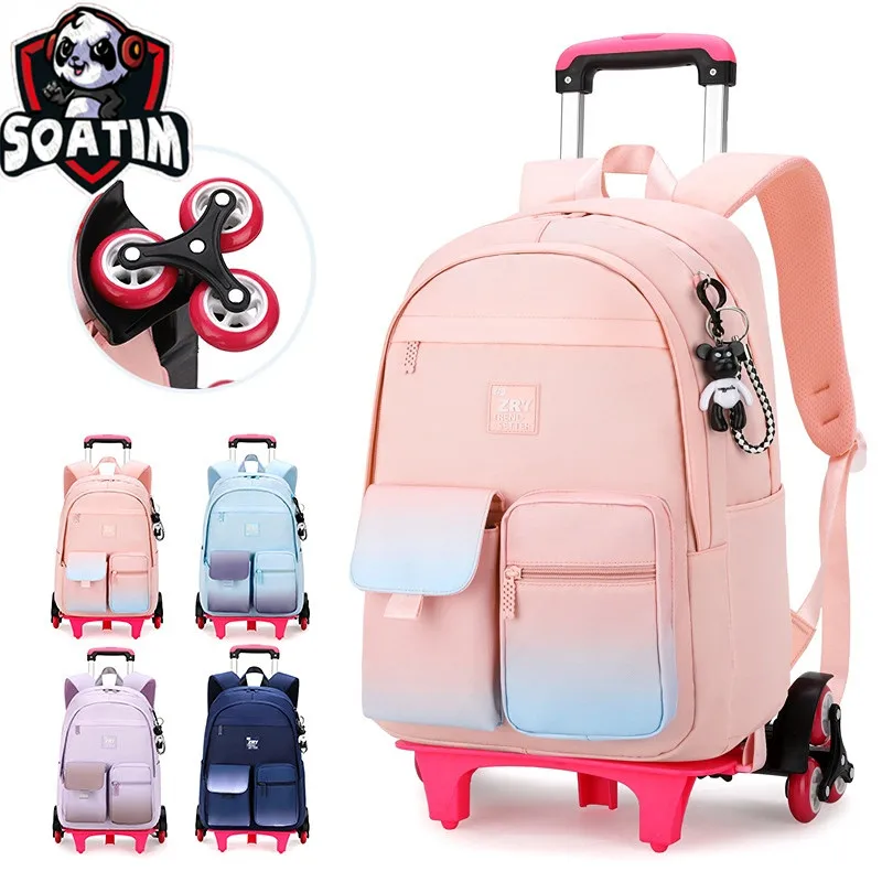 

Waterproof Kids School Backpack With 6 Wheel Removable Children School Bags For Girls Kids Trolley Schoolbag Luggage Book Bags