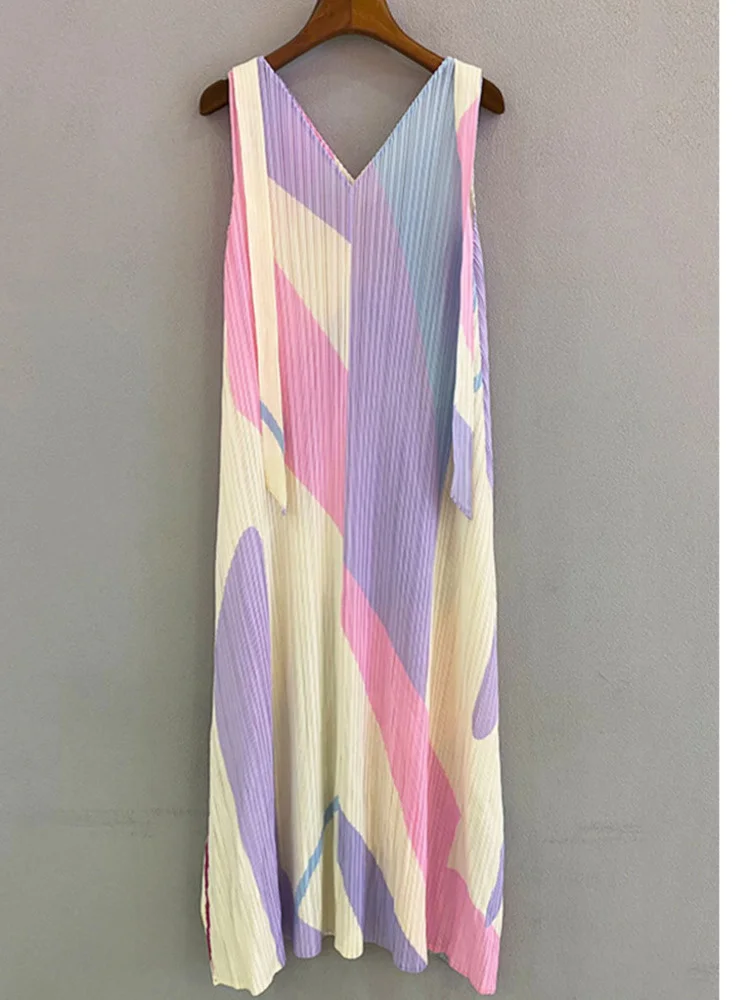 

LANMREM Pleated Printed Dresses For Women Sleeveless V-neck Color Block A-line Dresses Female Clothing 2023 Summer New 2I187