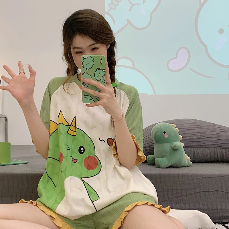 

Summer Women Pajama Sets Lady's Pajamas Cartoon Dinosaur Sleepwear Pyjama Short Sleeve Cotton Pijama Mujer Kawaii Pajamas